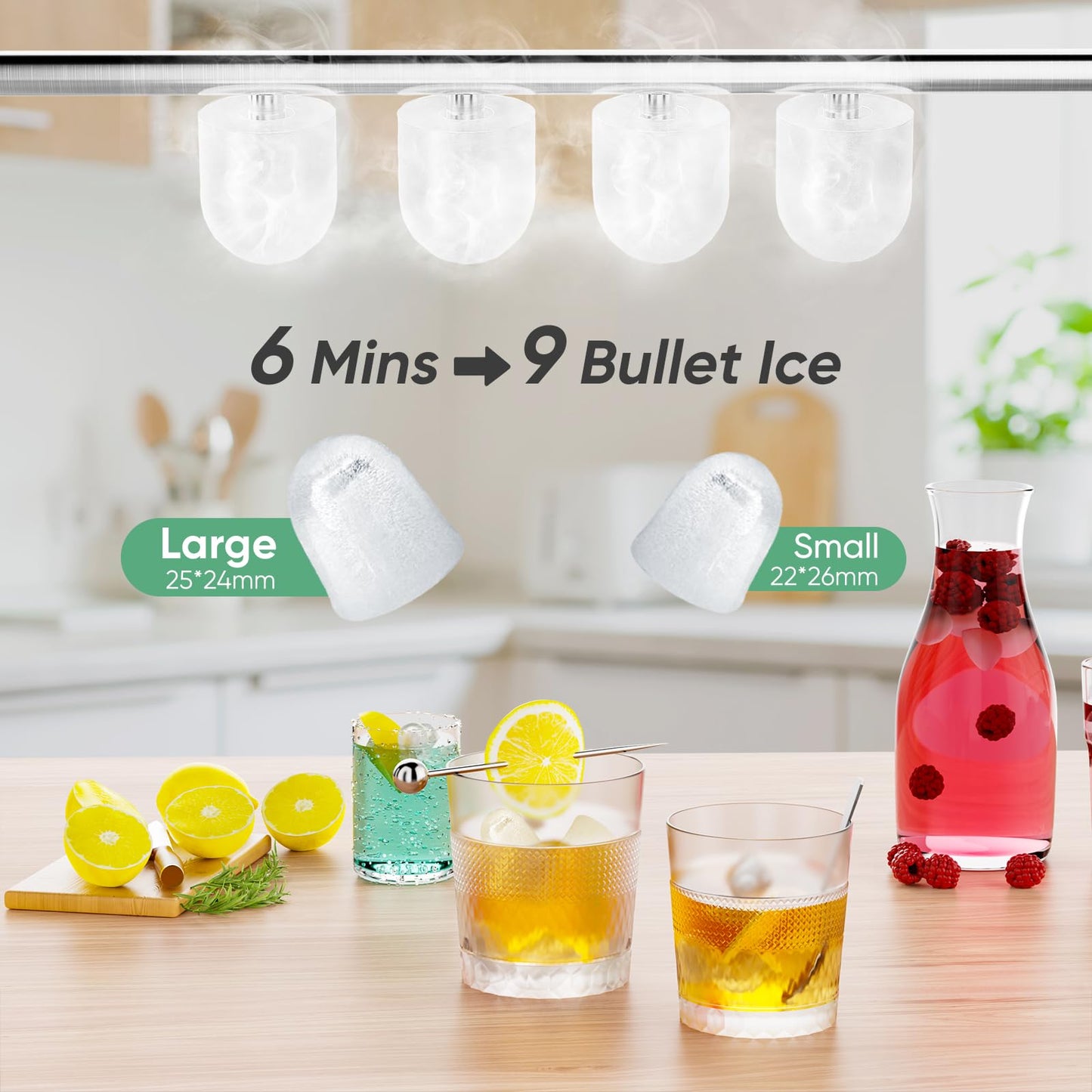 DUMOS Countertop Ice Maker, Portable Ice Machine Self-Cleaning, 9 Cubes in 6 Mins, 26.5Lbs/24H, 2 Sizes of Bullet Ice, Ice Scoop, Basket & Handle, Ice Cube Maker for Home Kitchen Party,1.5 L, Black