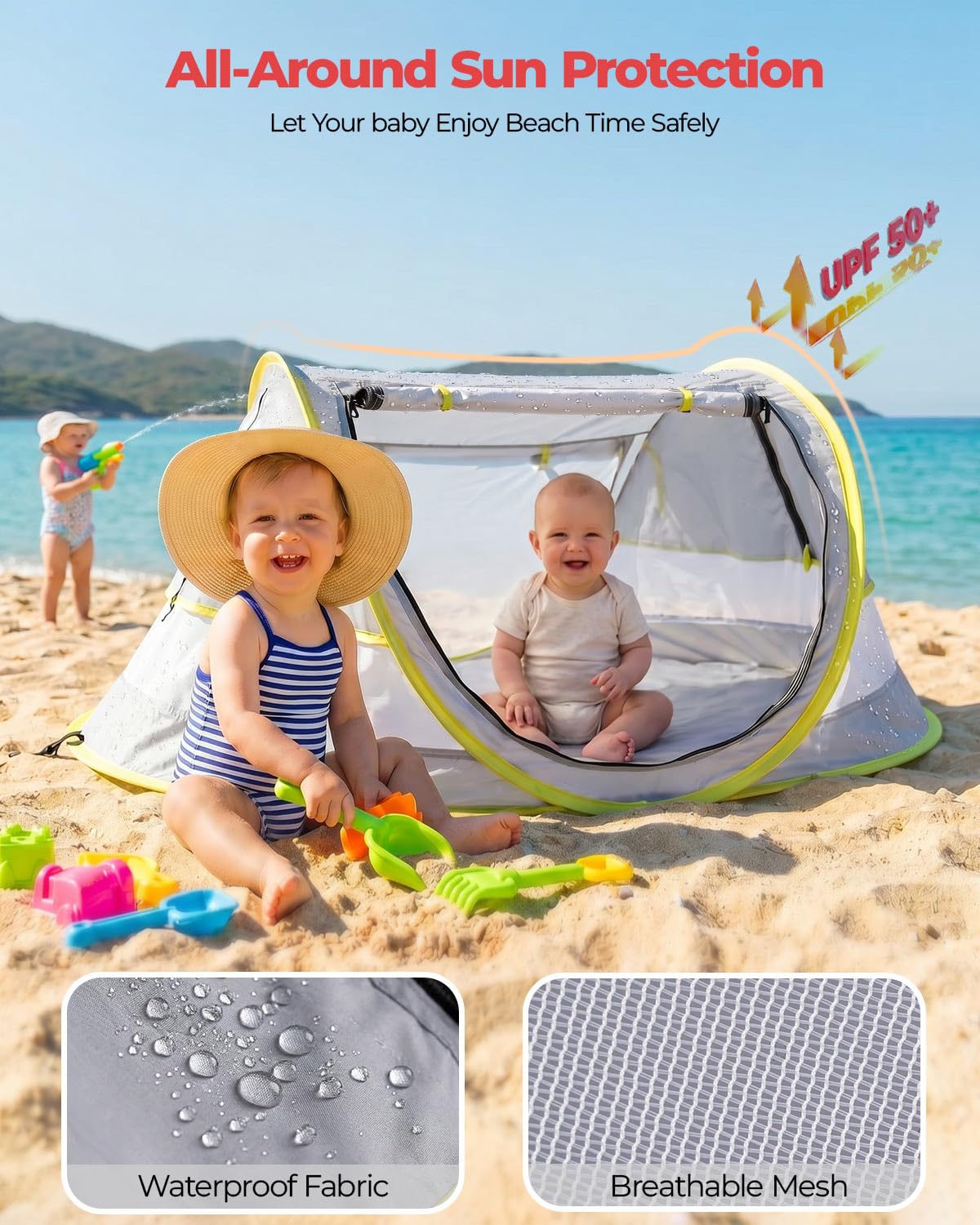 Poray Portable Baby Beach Tent with UPF 50+ Sun Shelter,Mosquito Net and Sunshade, Ideal Pop Up Kids Travel Tent with Carry Bag & 2 Stakes,Outdoor Indoor Play and Sun Protection