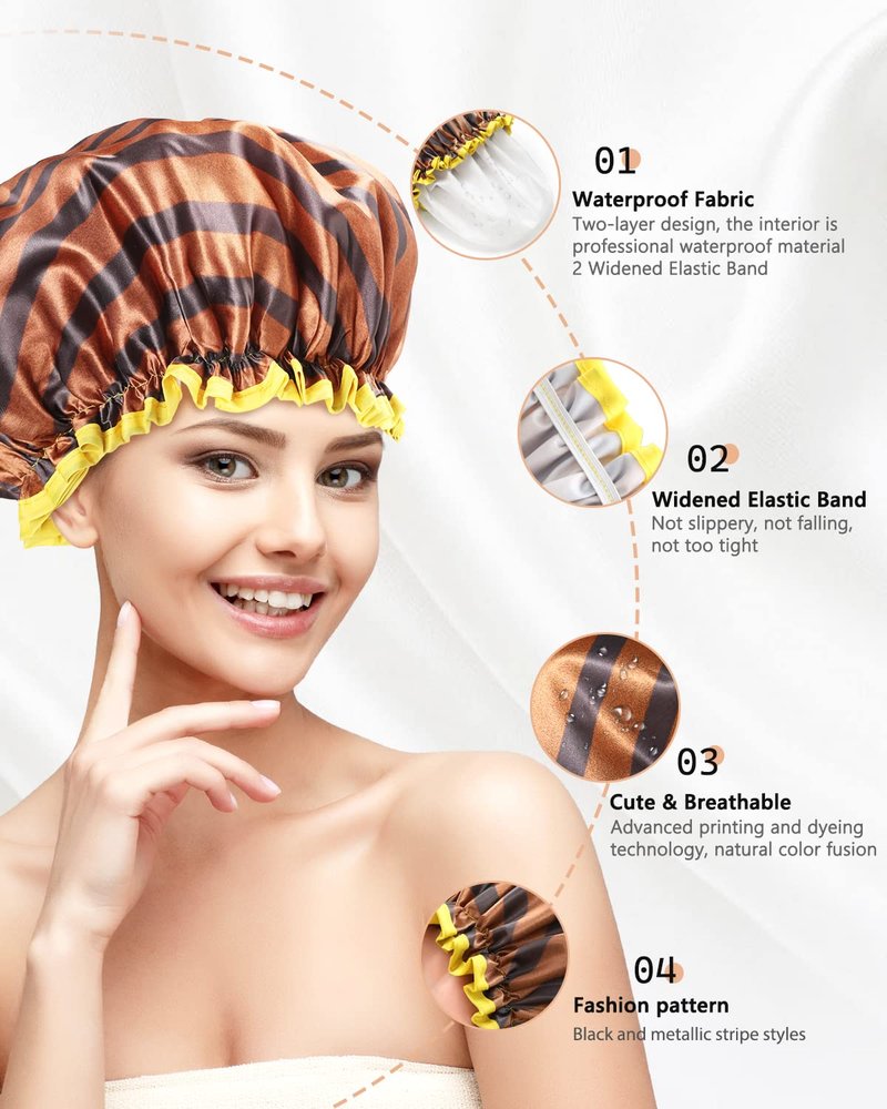 mikimini Shower Cap for Women and Men,2 Pack Double Waterproof Shower Cap for Girls and Kids, Reusable, Washable, Golden Stripes Fashionable Shower Caps Medium Pack of 2 Stripe