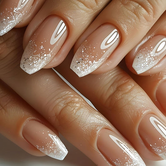 Short Press on Nails Coffin Nails Press ons Glitter French Tip Fake Nails Nude Acrylic Nails Glossy Glue on Nails Daily Wear Simple False Nails Summer Stick on Nails for Women 24Pcs