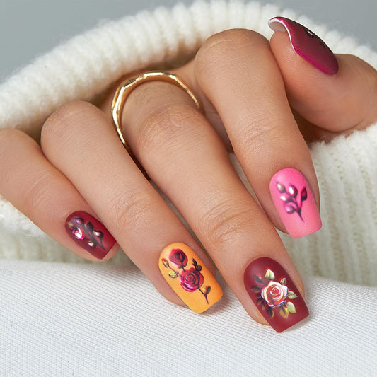 CurvLife Press On Nails Medium Square – 30Pcs Matte Colorful Fake Nails with Rose Flower Design, Soft Gel Glue On Nails Floral Stick On Nail Tips for Women & Girls