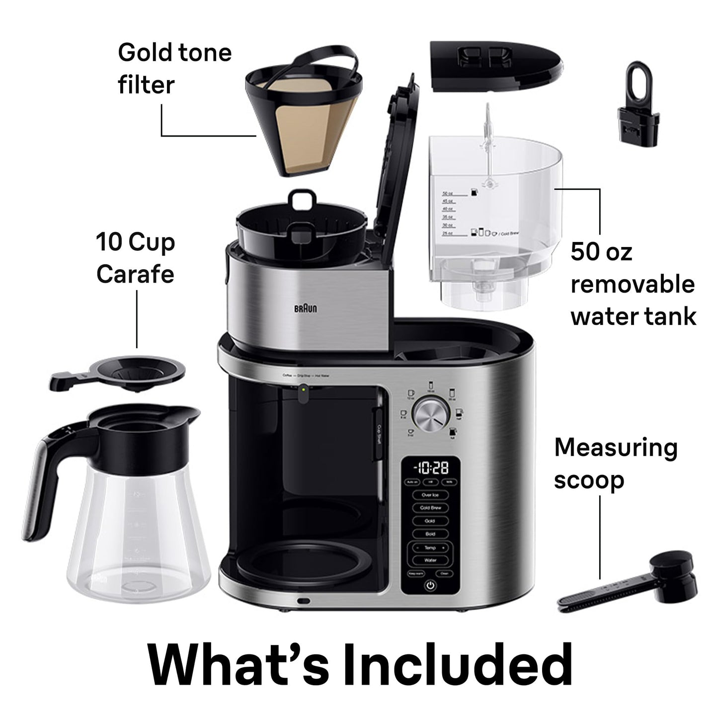 Braun MultiServe Plus 10-Cup Drip Coffee Maker - Hot & Cold Multi-Serve Brewer with Timer and Auto Start, Hot Water Dispenser, Over Ice Function, Stainless Steel & Pod-Free Design, KF9370SI