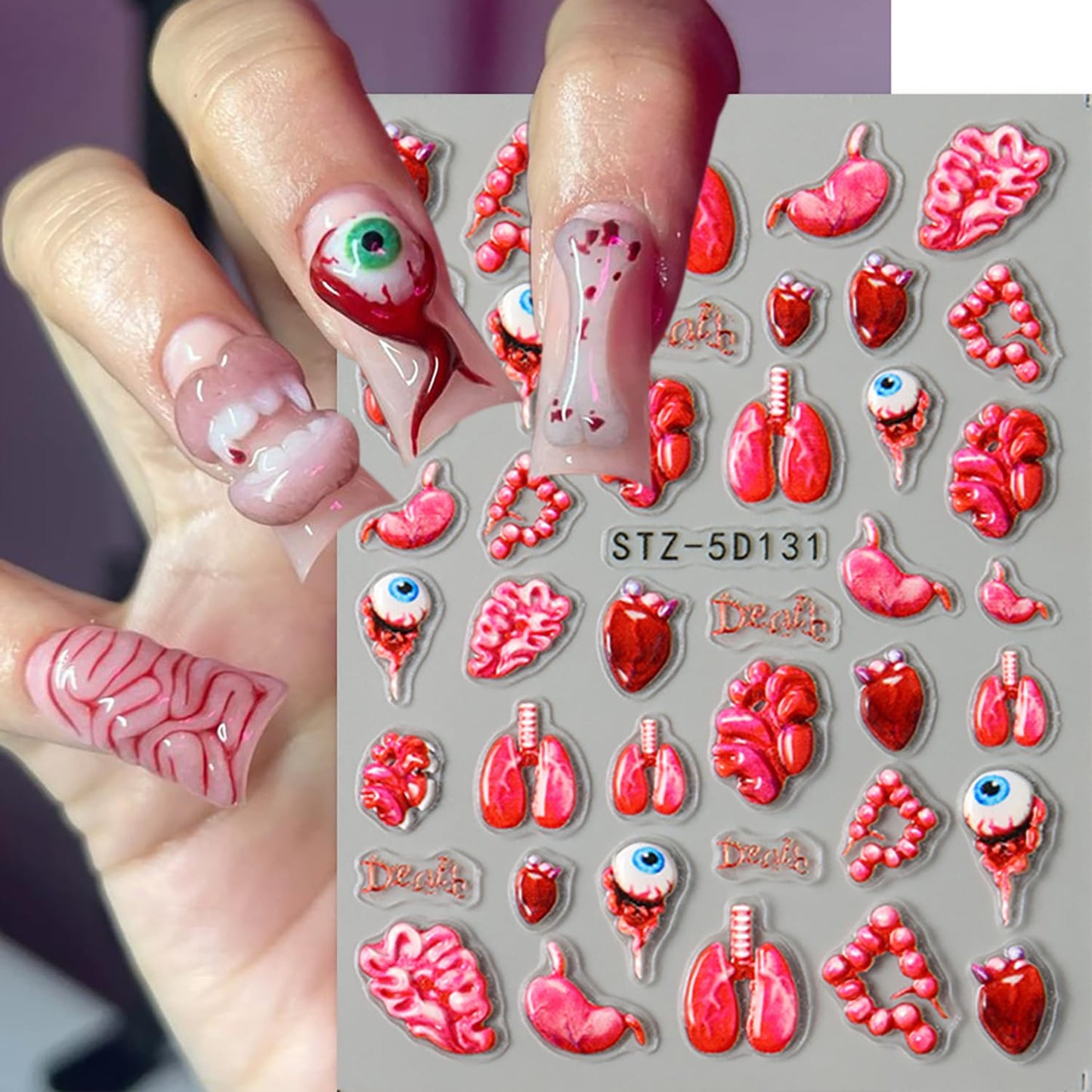 2 Sheets Halloween Nail Art Stickers 5D Relief Self -Adhesive Blood Drops Lips Spider Nail Decals Holographic Horror Heart Internal Organs Design Nail Stickers Halloween Nail Decoration for Women