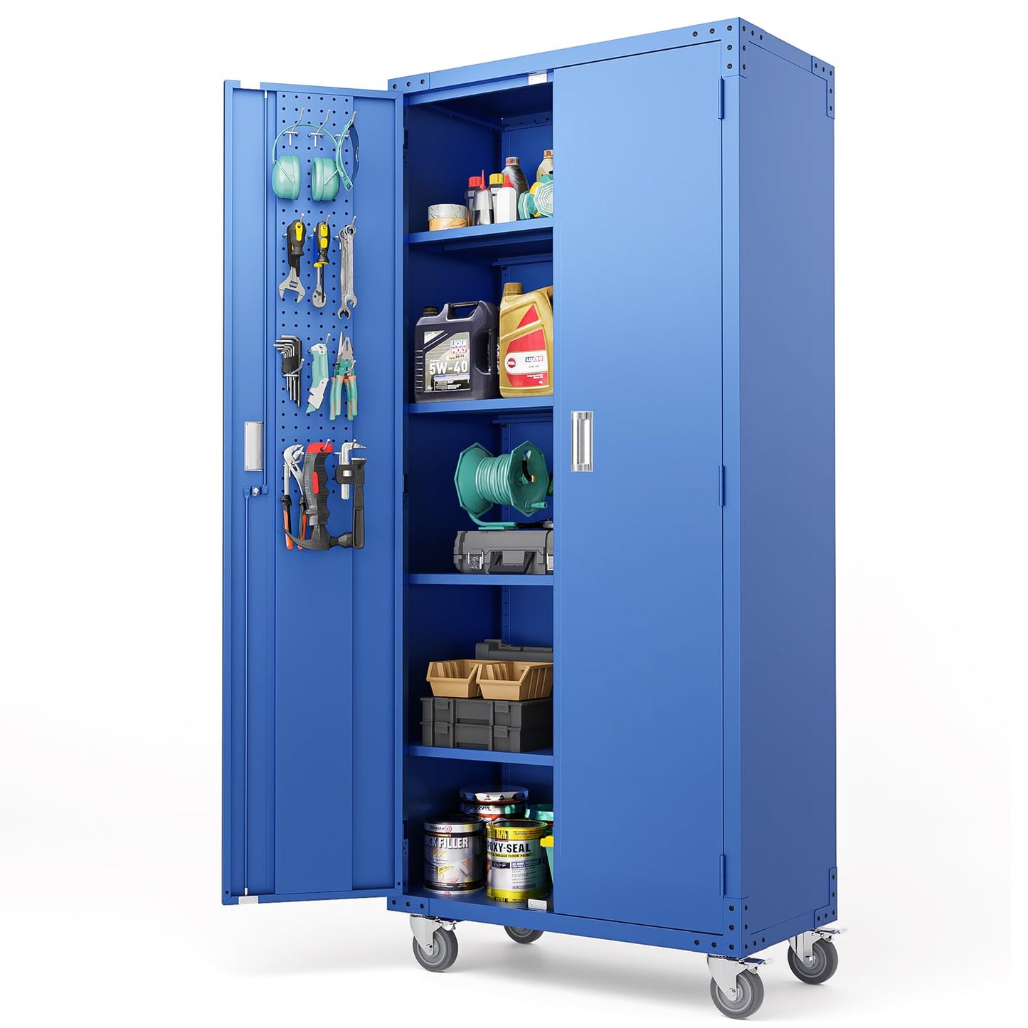 VINGLI 72'' Tall Metal Garage Storage Cabinet with Pegboards, Wheels, Locking Doors and Adjustable Shelves, File Cabinet/Tool Cabinet for Home Office/School (Blue, 32W x 16D x 72H)