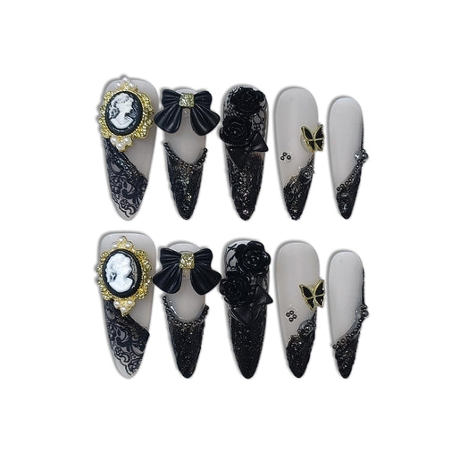 TENPAL 10Pcs Gothic Press On Nails Long Stiletto,Baroque Cameo & Floral Lace French Tip Glue on Nails with 3D Charms,Victorian Gothic Nails w/Tools,Glossy Dark Romantic Fake Nails for Party Event(XS)