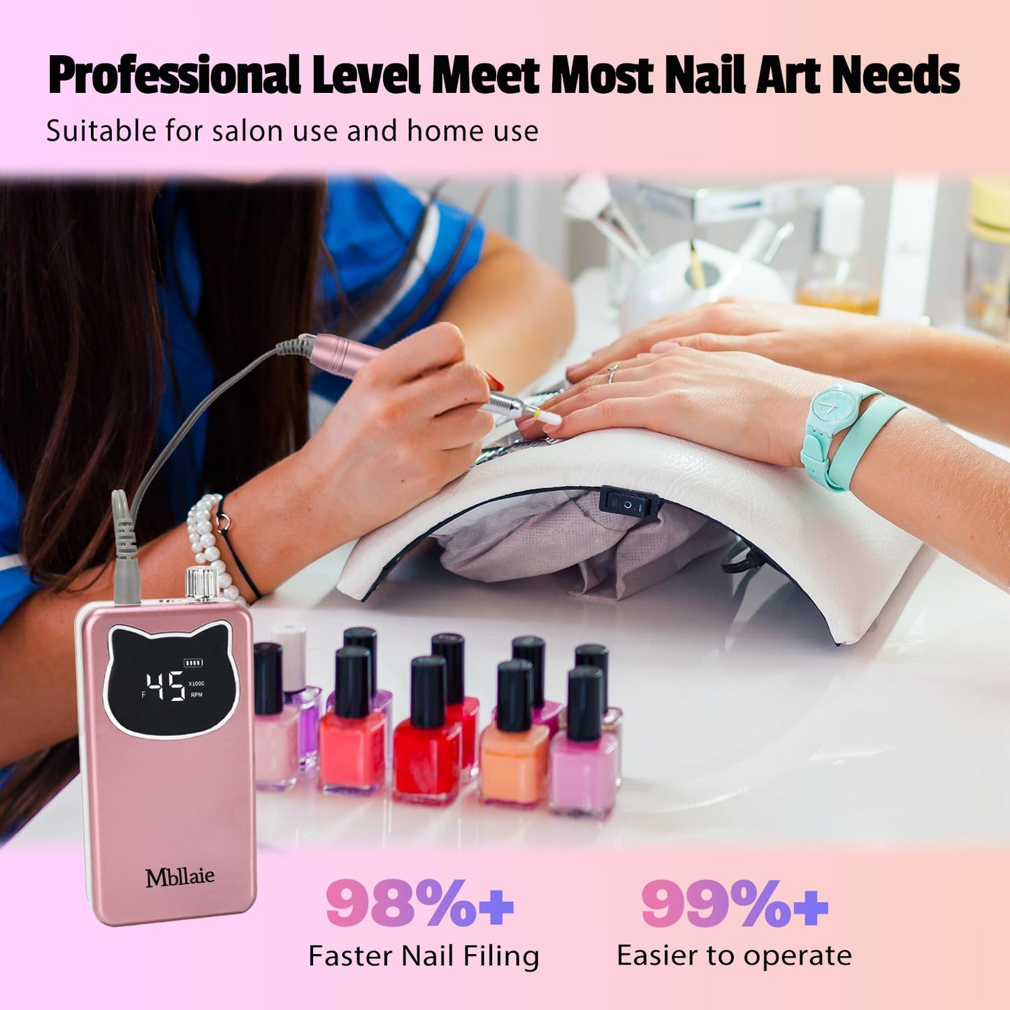 Professional Nail Drill File 45000RPM Electric Portable Nails Drills Kit with Rechargeable 7 uñas Bits Cordless Efile for Poly Gel Acrylic Nails Remover Home Salon Pedicure Manicure Tool (Rose Pink)