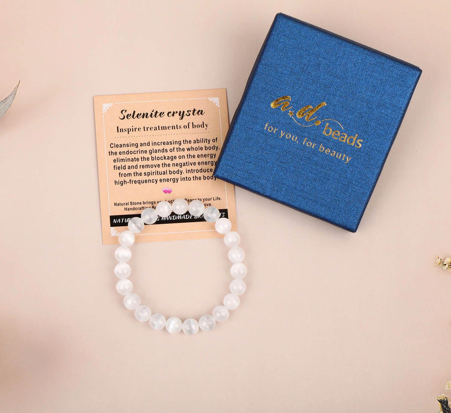 AD Beads Handmade Gemstone Stretch Elastic Bracelet Crystal Healing Reiki Nature's Beauty and Spiritual Essence Unisex (8mm, Selenite Crystal (Inspire Treatments))