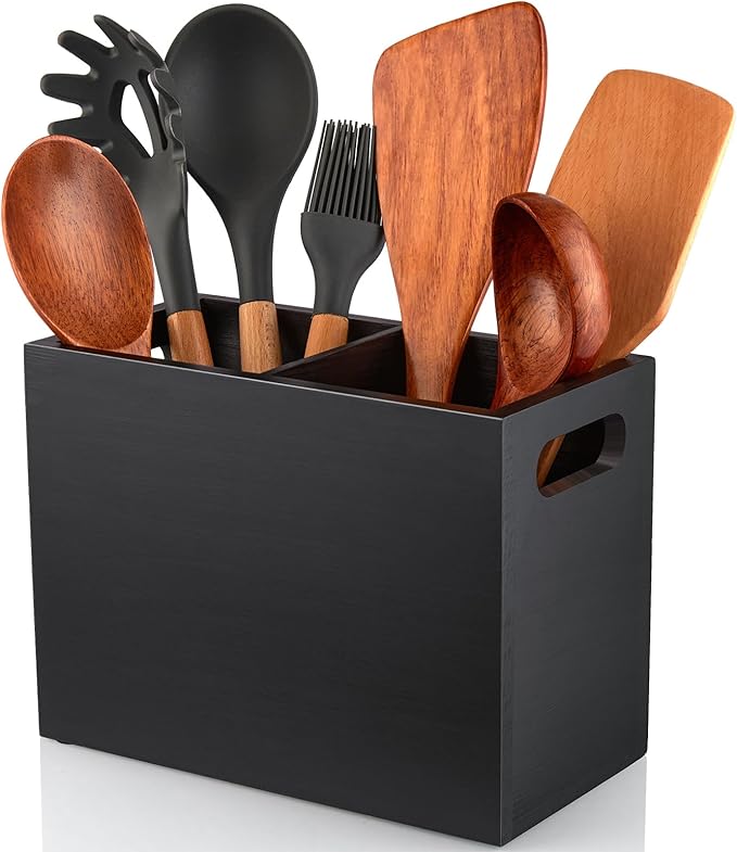 ALELION Black Utensil Holder for Kitchen Counter - 2 Compartment Large Utensil Caddy Organizer for Countertop - Kitchen Tool Holder for Spatula Ladles