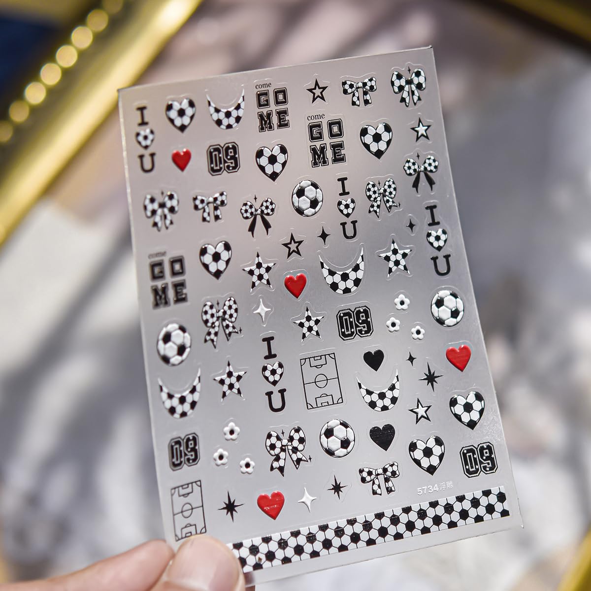 5D Embossed Nail Stickers Black White Nail Decals Soccer Bow Star Heart Nail Art Stickers Self-Adhesive Nail Stickers for Nail Art for Women Girls Y2K DIY Manicure, 1 Sheet