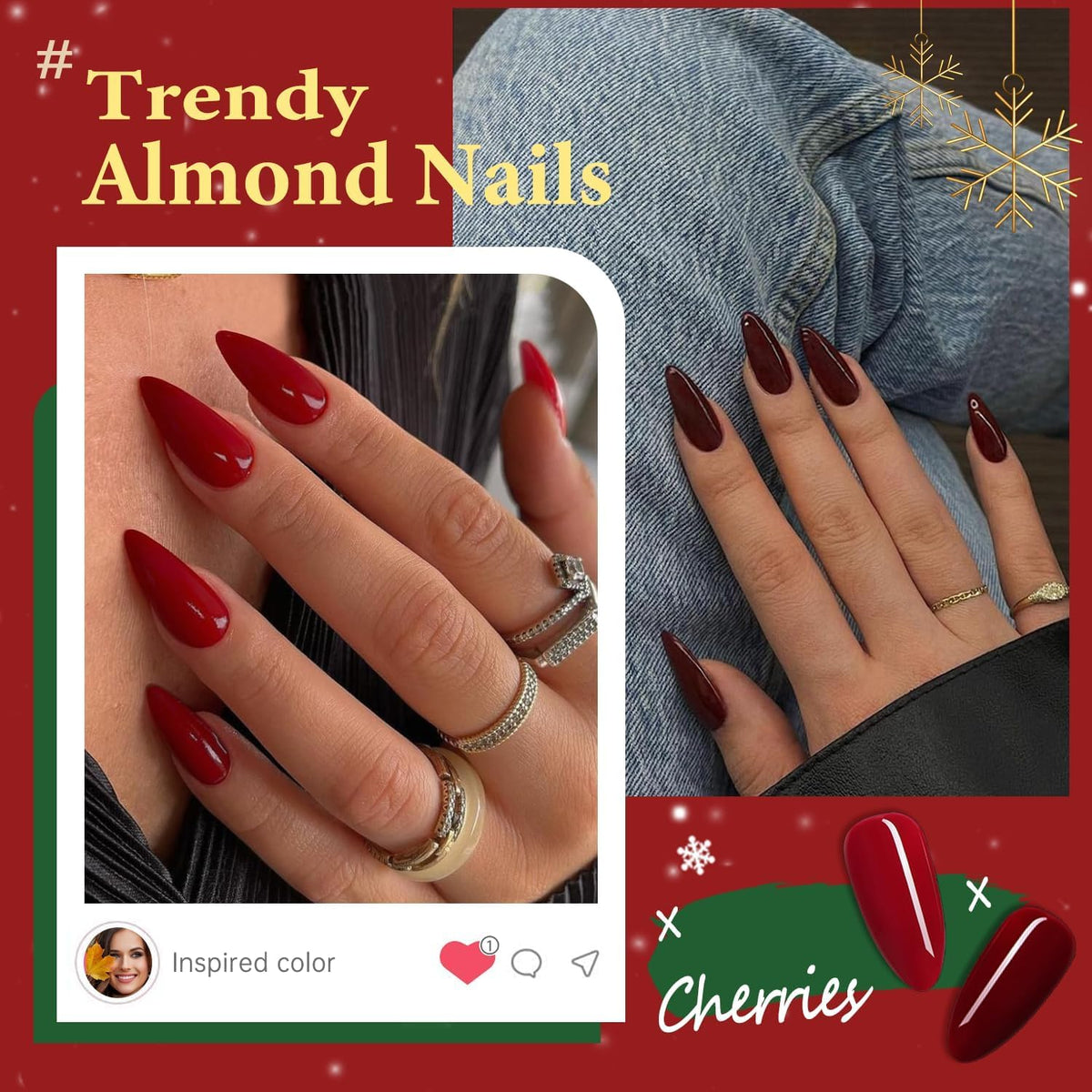 KQueenest Red Press on Nails Medium Almond Stiletto, Acrylic Fake Nails Set, Acrylic Nails Press ons Almond, Reusable Soft Gel Glue on Nails for Women Valentine‘s Day with Protective UV Coating 24 Pcs
