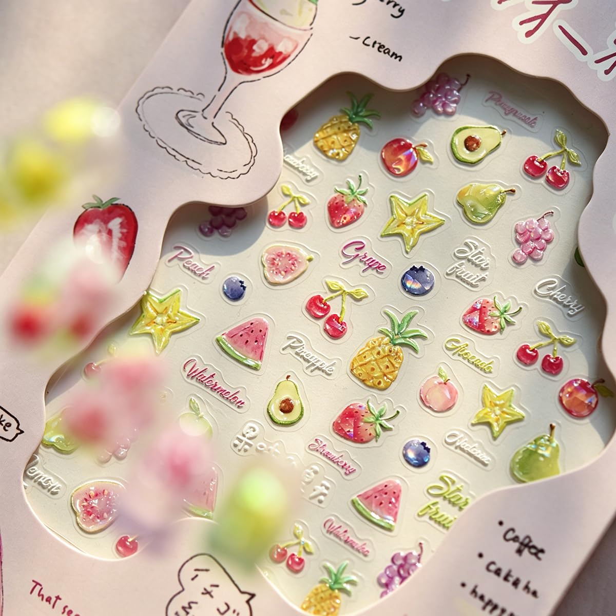 5D Embossed Nail Stickers Fruit Nail Decals with Design Summer Theme Nail Art Stickers Cute Self-Adhesive Nail Stickers for Nail Art for Women Girls DIY Manicure, 1 Sheet