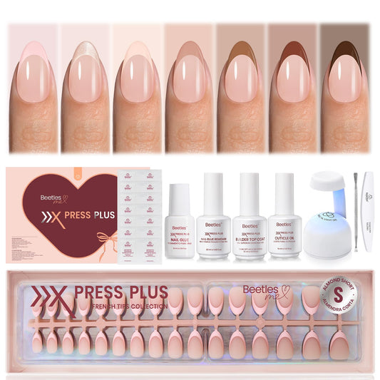 Beetles Press On Nails Kit - Cocoa Mousse French | 7 Colors Short Almond French Tip Press On Nails | 224Pcs 16 Sizes All-in-One Kit With Nail Glue,Remover,Builder Top Coat,Nail Lamp