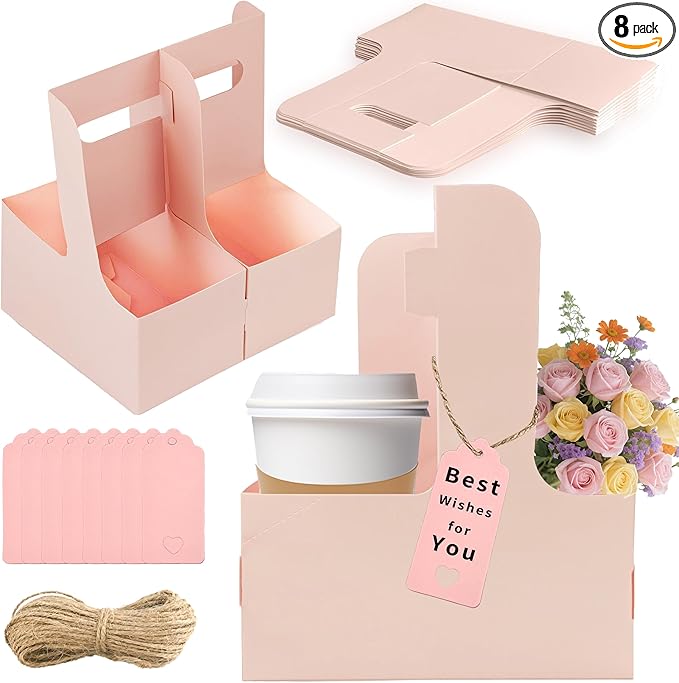 2 Cup Drink Carrier,8 Pack Coffee Cup Holders with Handle,Cardboard Cup Holders for Hot or Cold Drinks,Coffee Carrier with Ribbon and Card,Food Delivery Services and Bouquet(Pink)