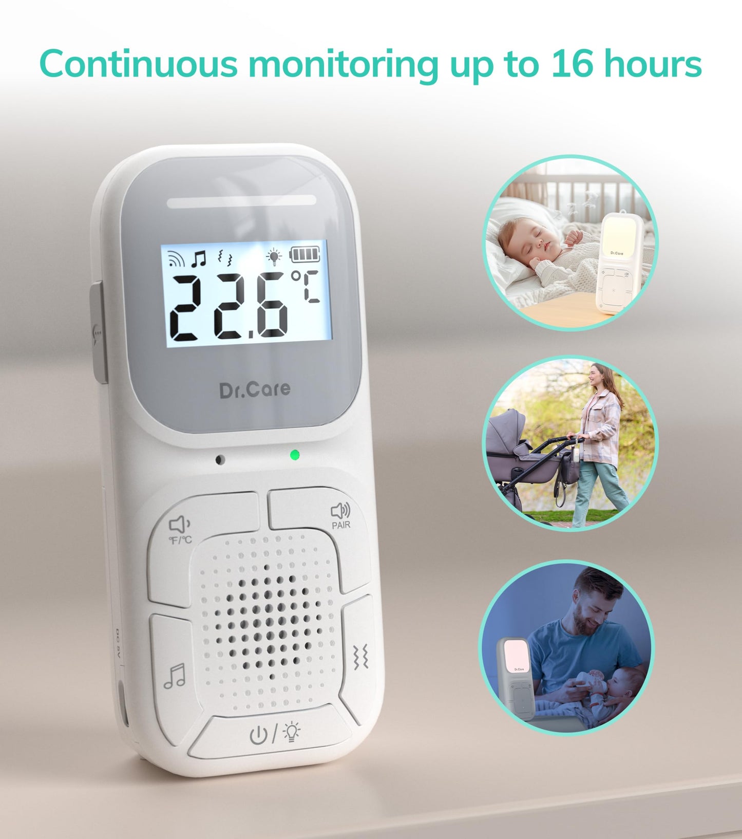 Dr.Care NeoGo Portable Baby Audio Monitor and Sound Machine | Baby Sleep Soother | Travel | Registry Gift with 1000ft Range, Two-Way Talk, VOX, Nightlight, 8 Lullabies, and Vibrating Sound Alert