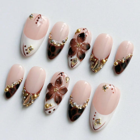 Spring Press On Nails MAGLFELL Handmade 10Pcs Almond Fake Nails, 3D Carving Floral and Gold Plated Decoration Design, Reusable Acrylic Nails Tip Salon Artificial Nails Kit (Size M)