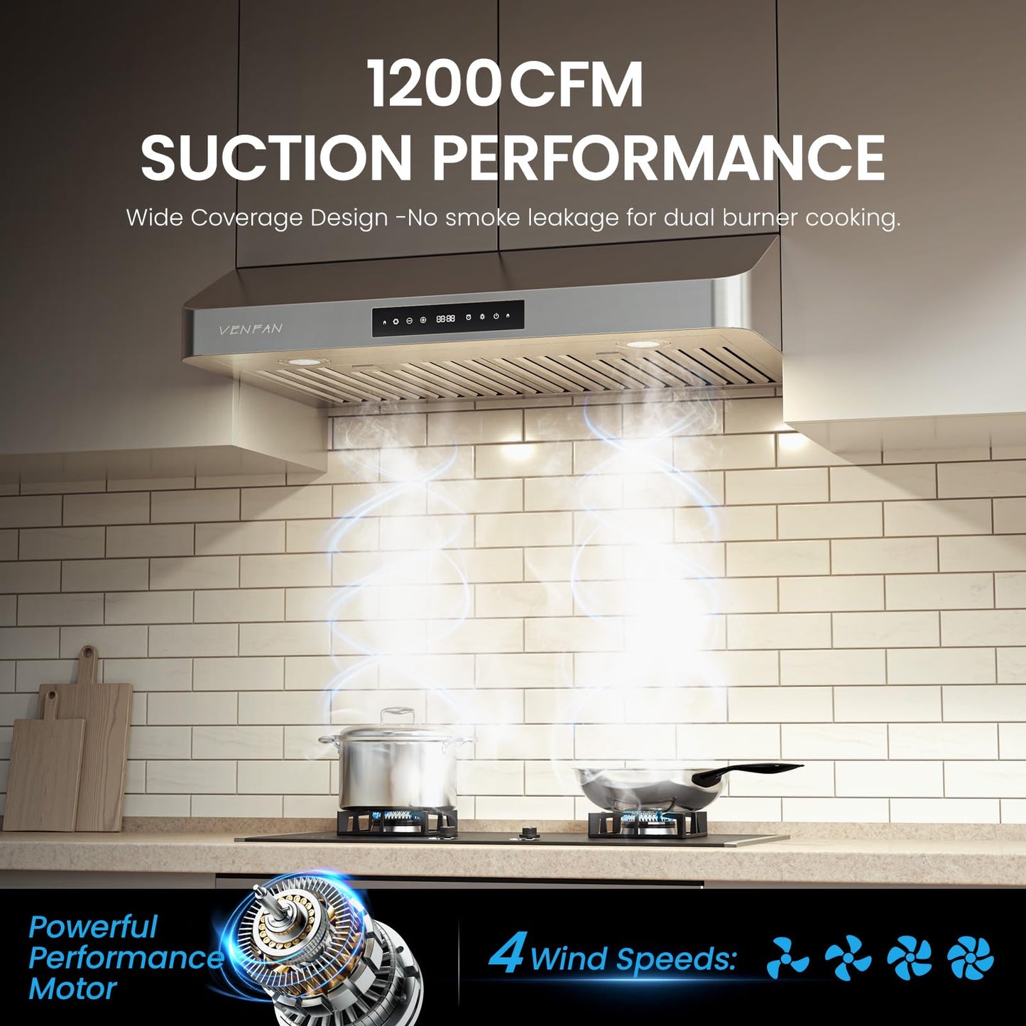 VENFAN Under Cabinet Range Hood 30 Inch - 1200 CFM Ultra Powerful Suction, Gesture Sensing & 4-Speed Touch Control, Dishwasher Safe Filters, Stainless Steel Kitchen Hood