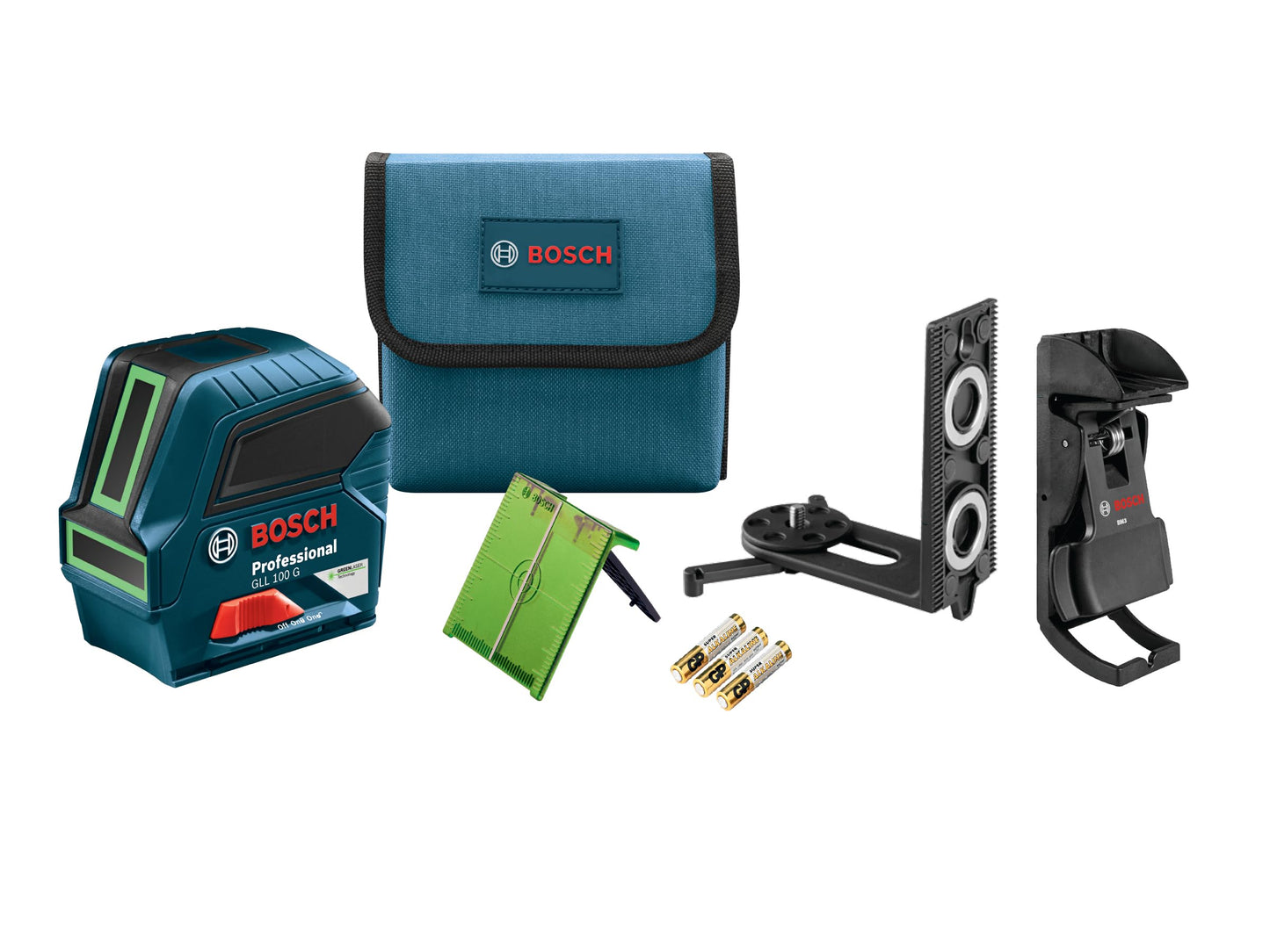 BOSCH GLL 100 GX 100 Ft Green-Beam Self-Leveling Cross-Line Laser, Includes 3 AA Batteries, Positioning Device, Green Laser Target Plate, & Heavy-Duty Pouch
