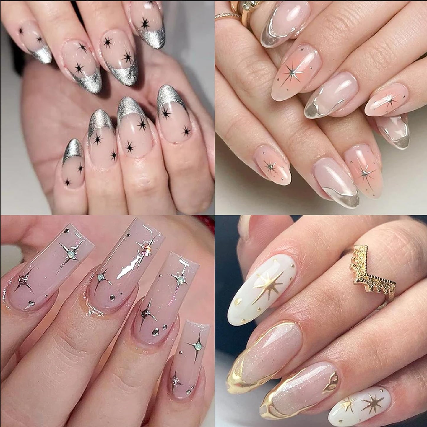 Star Nail Art Sticker 3D Glitter Metallic Laser Starlight Nail Stickers Silver Star Champagne Gold Black Shiny Sparkle Star Nail Tip Foil Adhesive Decals for Woman DIY French Manicure Accessories 6pcs