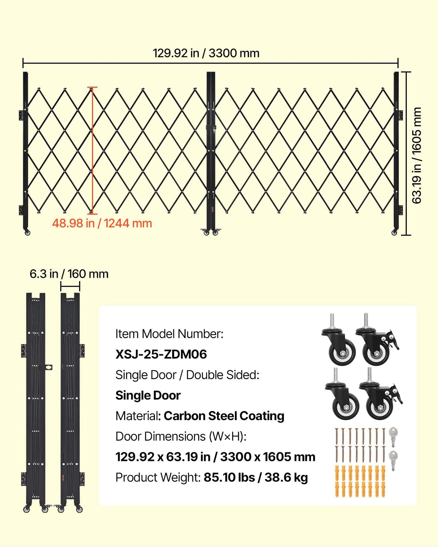 VEVOR Double Folding Security Gate, Lockable Scissor Gate with 360° Swivel Casters, Outdoor Barricade Steel Retractable Gates, for Entry Security, Garage, Warehouse & Pool, 129.92 x 63.19 in (W x H)