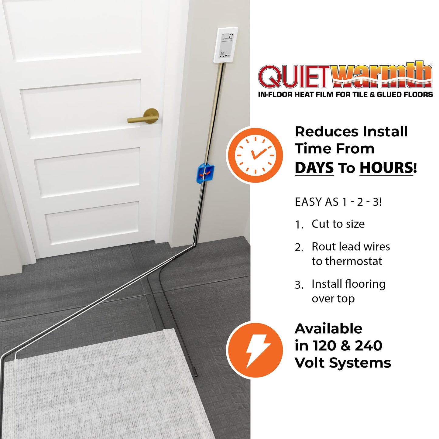 QuietWarmth Tile QWARMKITGDF Radiant Floor Heating Starter Kit Mat w/Programmable Thermostat for Tile, Stone, and Glued Flooring - Cuttable Mat Size 3’x10' 120Volt (Covers 30sf)