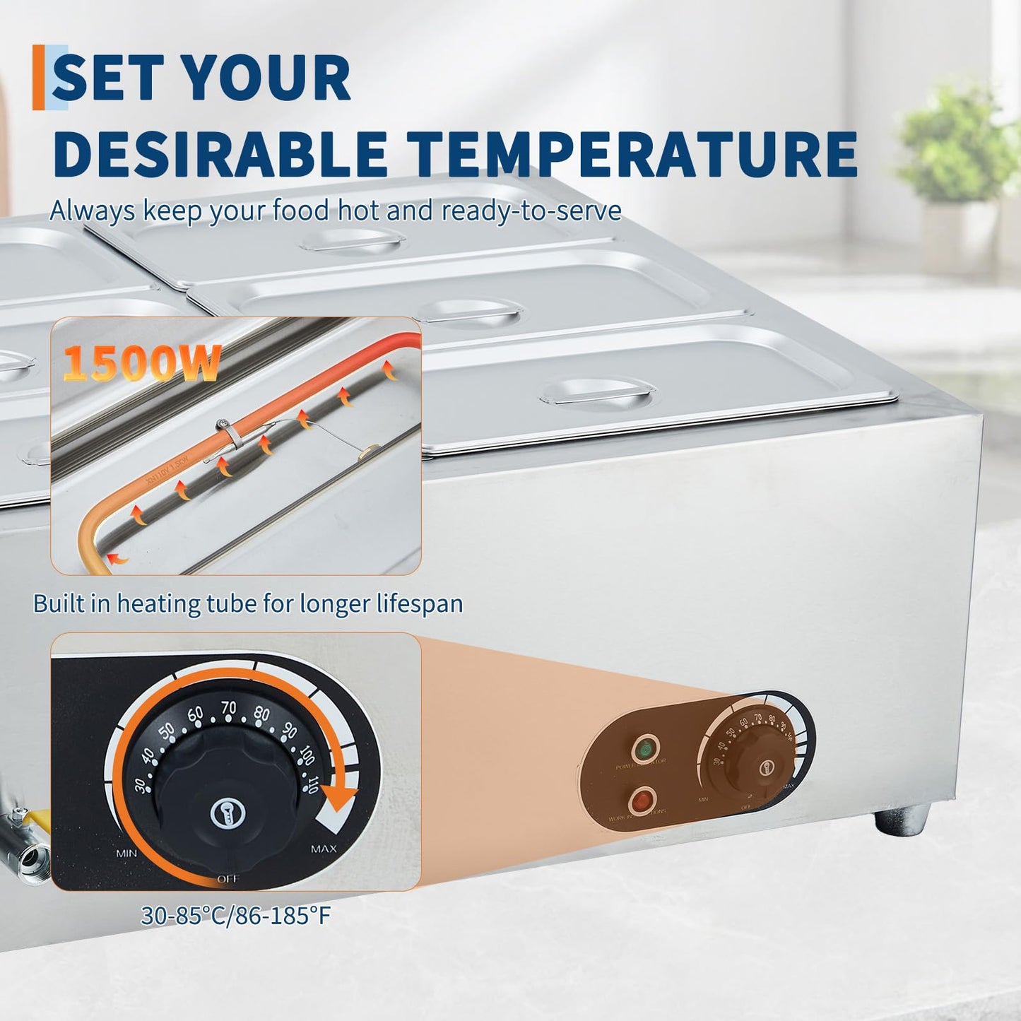 Commercial Food Warmer Stainless Steel 1500w Electric Buffet Server Bain Marie,3-Pan Catering Hot Food Station for Restaurants, Hotels, Banquets