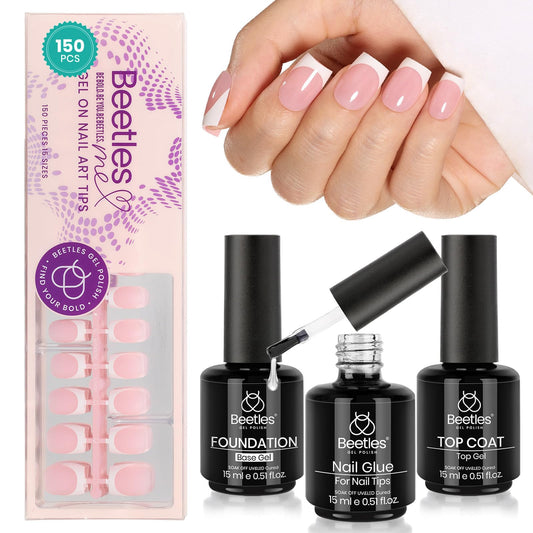 Beetles Top Coat Base Gel & Nail Glue Set-3Pcs No Wipe Top Coat,with Beetles French Tip Press On Nails - 150 Pcs Pink Short Square French Gel Nail,
