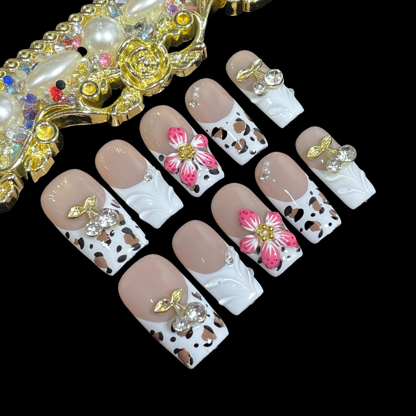 Handmade Press On Nails, 3D Velvet Floral Short/Medium Length Square White French Tips, Leopard Cherry Design, Reusable Acrylic False Nails (Velvet Jungle, L)