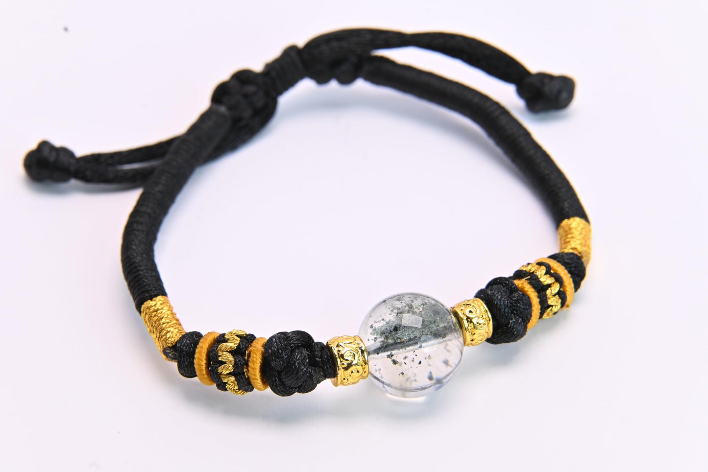 Chinese Style Fashion Natural Green Phantom Quartz (綠幽靈水晶) Bracelet for Men and Women, Adjustable Handmade Rope Lucky Gold Bead Jewelry, Healing Crystal Energy and Protection Gift, Feng Shui Inspired. The crystal is Green Phantom Quartz