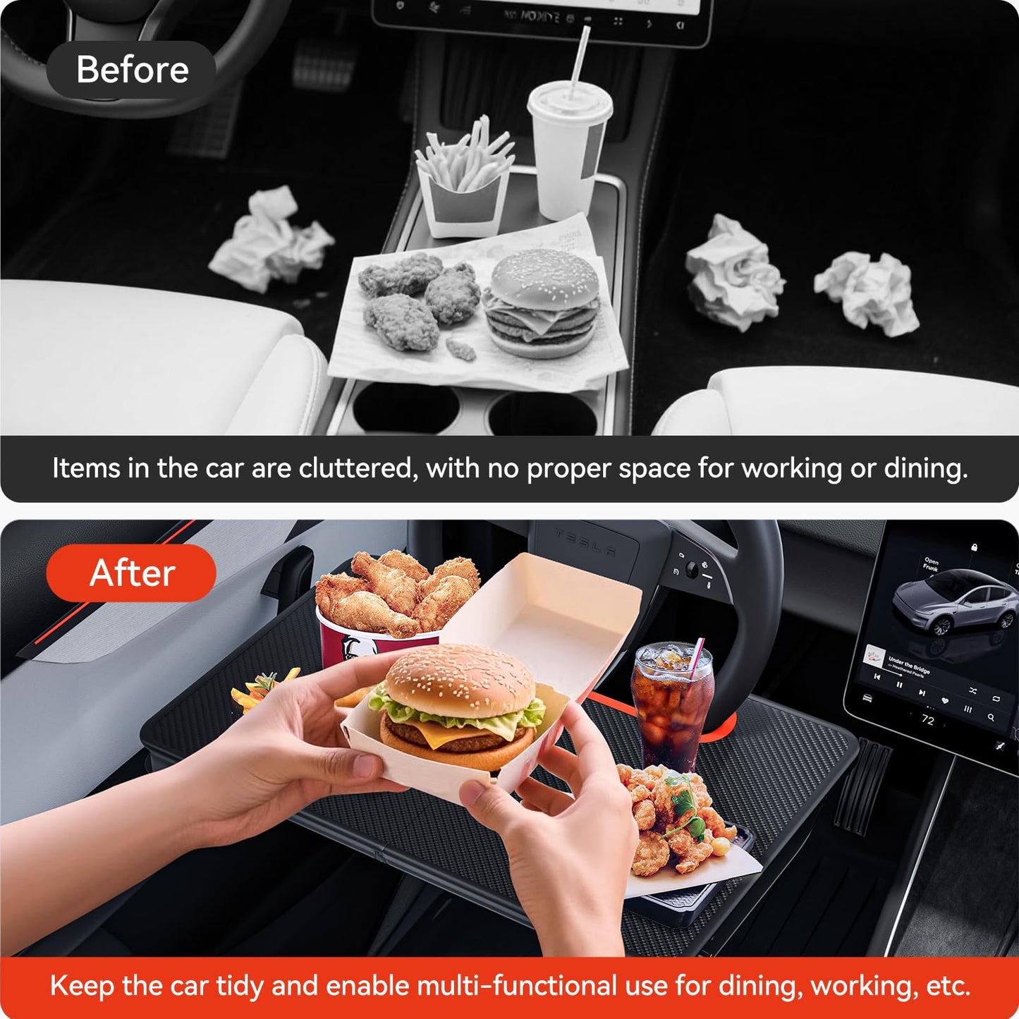 YONZEE 2-in-1 Car Steering Wheel Desk Tray & Car Seat Gap Filler Organizer – Foldable Carbon Fiber Look Table for Laptop, Eating, Writing – for Standard Round Steering Wheels