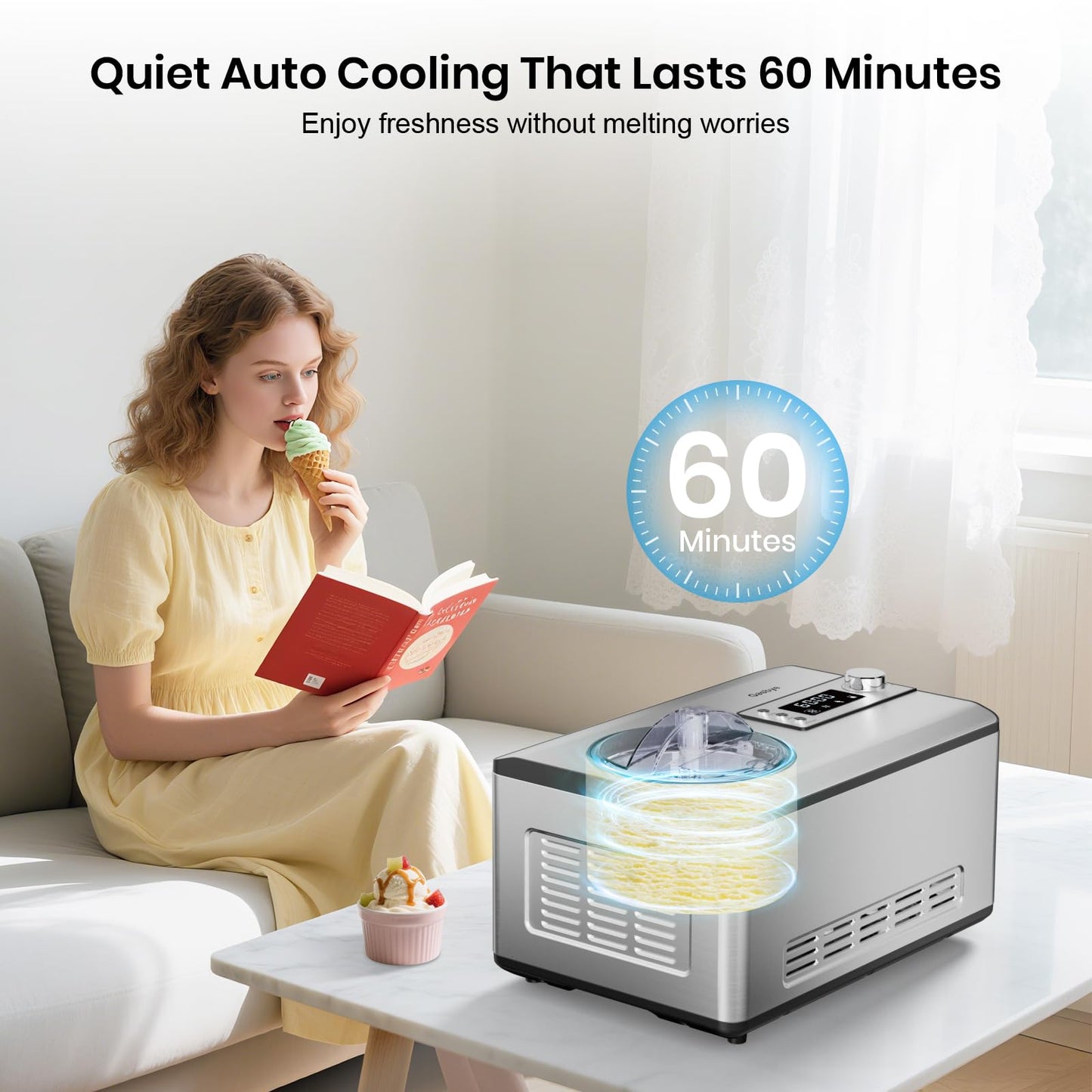 Gasbye Ice Cream Maker with Upgraded Compressor, [40% Faster Freezing], No Pre-Freezing Needed, LED Display, 2.1 Qt Capacity, Easy Operation for Ice Cream & Yogurt, Stainless Steel