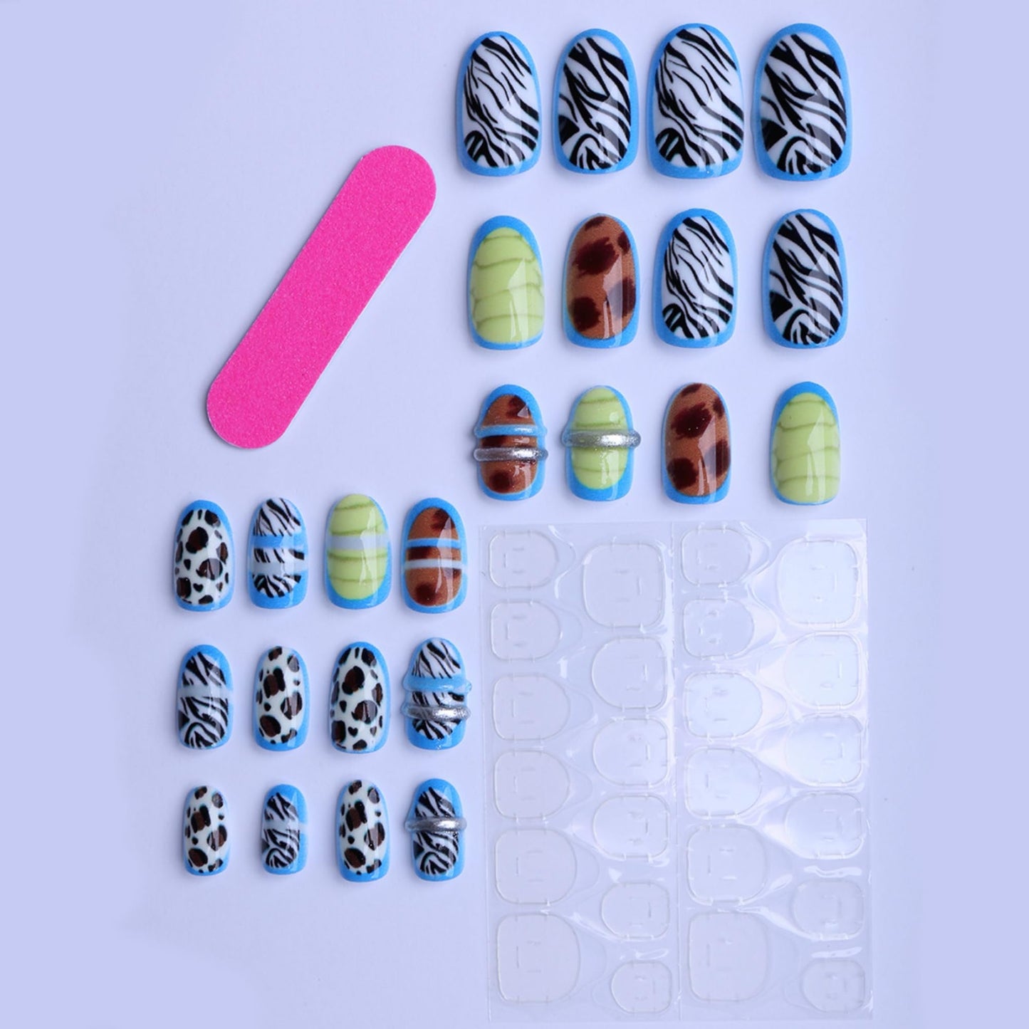 octoswave Oval Press on Nails Medium Length, 3D Animal Print Acrylic False Nails with Blue Borders, Fake Nails for Women Girls Party Travel, 24 Pcs
