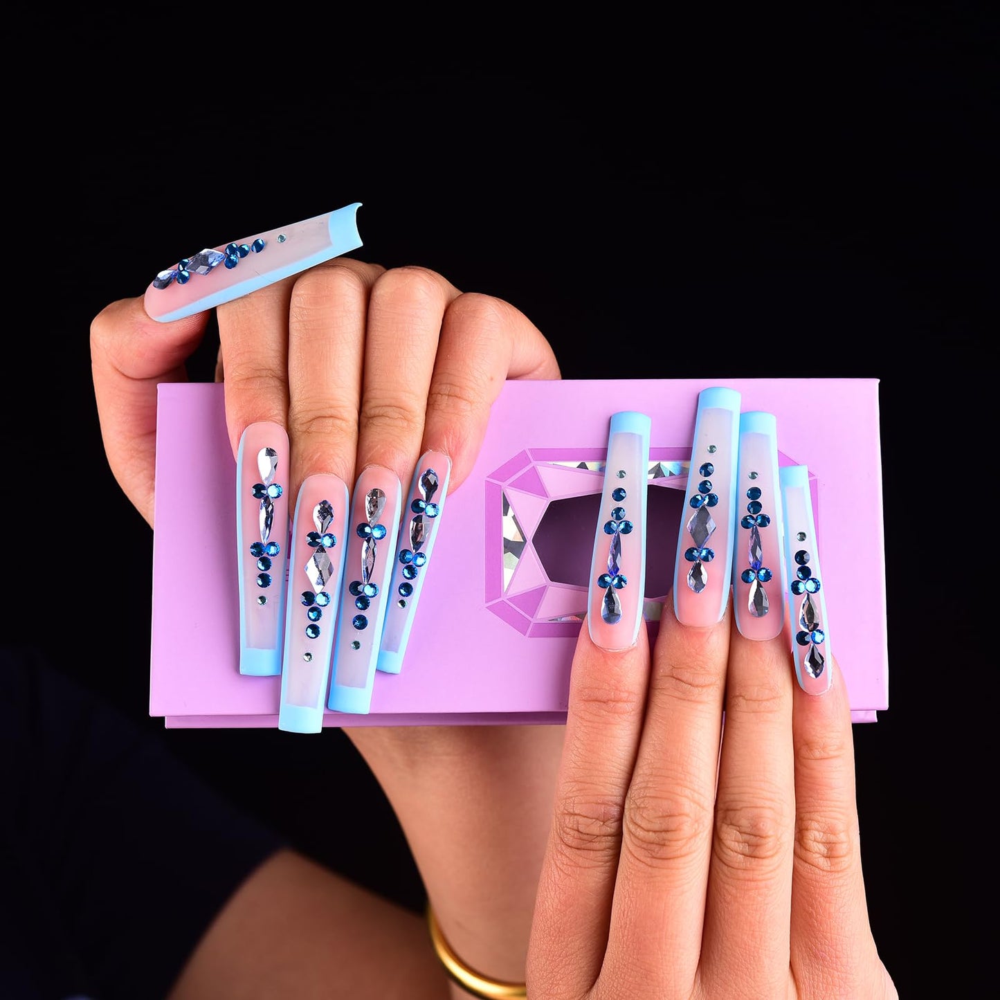 Tmani 10pc/set Extra Long Handmade Press On Nail Hot Girl's Long Ballet Nails Square Nail Full of Diamond Glitter Decoration Fake Nails Suitable For Girls Festival Parties and Birthday Gift (136,L)