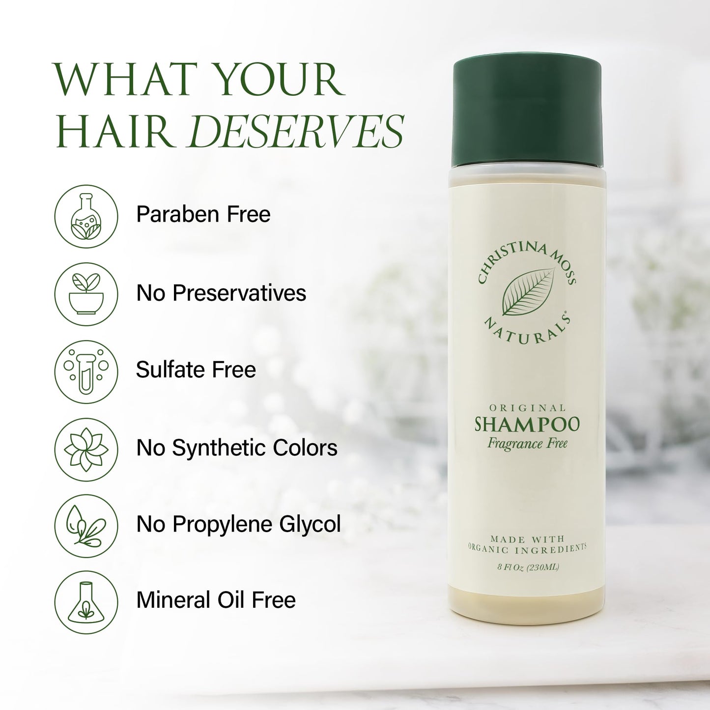 Christina Moss Naturals Shampoo Natural and Organic Ingredients, Sulfate-Free, Paraben-Free, Cruelty-Free, Vegan, Unscented, Responsible Beauty