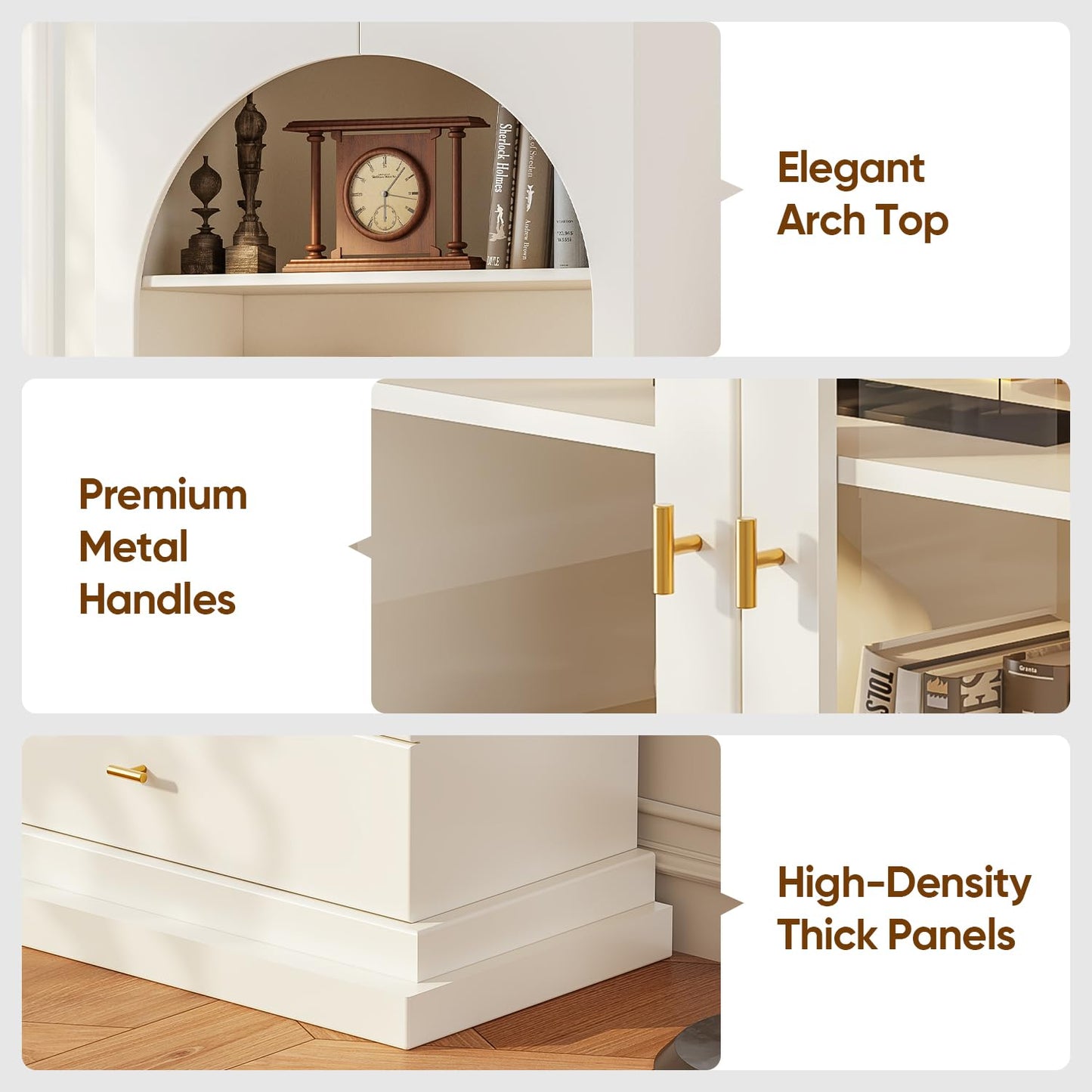 Vyre 71" Arched Kitchen Cabinet, Glass Door Display and Tall Storage Cabinets with Drawers, Modern Pantry for Dining Room or Living Room, White with Gold Handles, 3 of Set