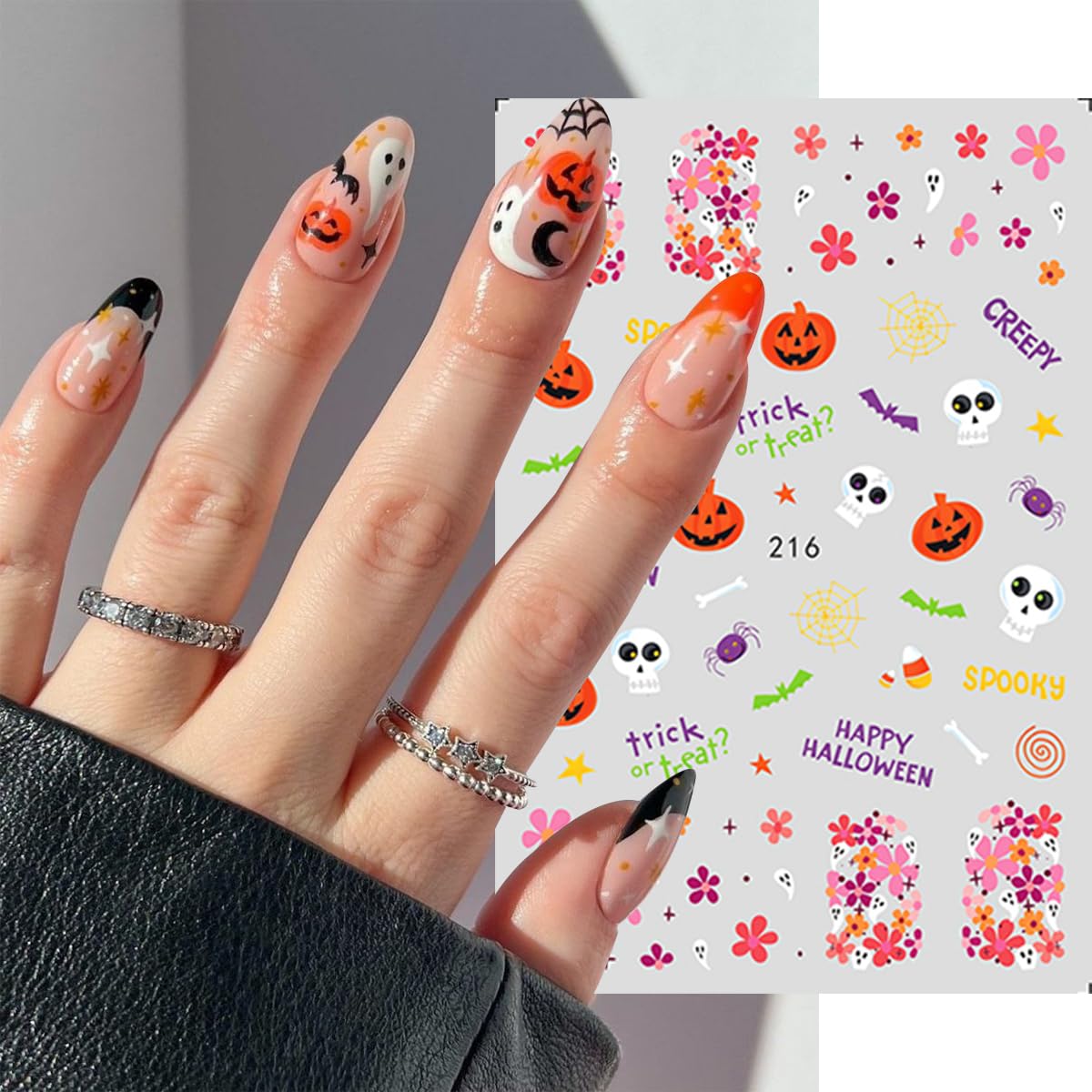 Halloween Nail Art Stickers 8 Sheets Cute Halloween Cartoon Nail Stickers Cute Ghost Pumpkin Stickers Blood Bats Cat Spider Web Skull Nail Art Design Nail Decals for Women DIY Halloween Charms