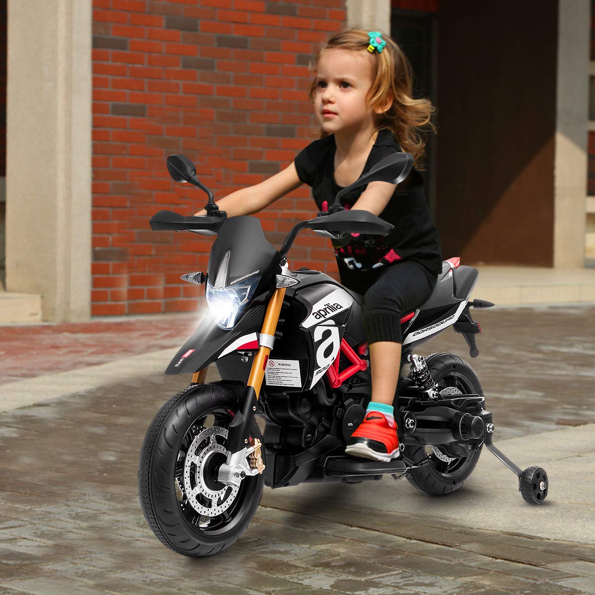 HONEY JOY Kids Motorcycle, 12V Aprilia Licensed Battery Powered Ride on Motorcycle w/Training Wheels, Headlight & Music, Foot Pedal, Spring Suspension, Electric Motorcycle for Boys Girls 2-8 (Black)