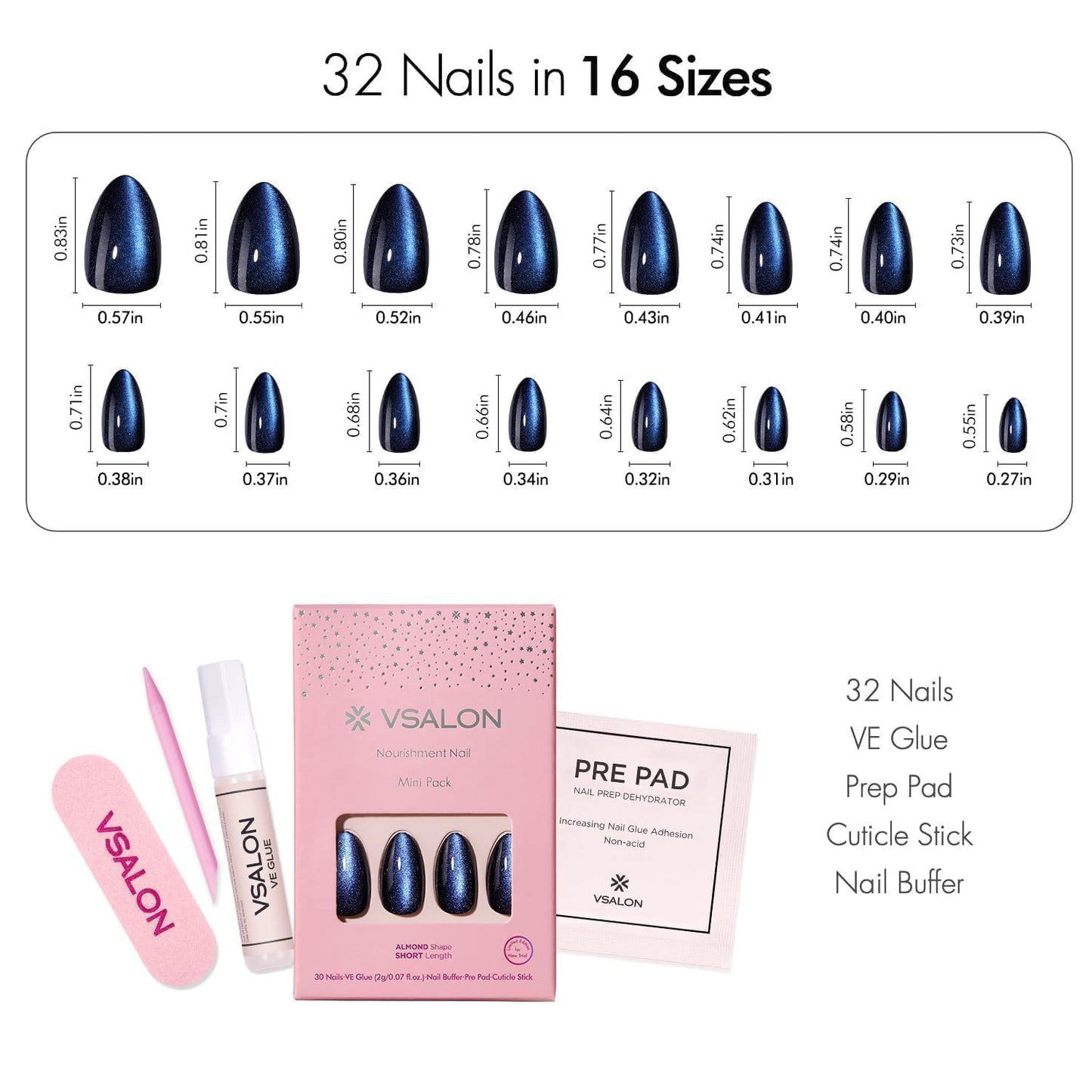 VSALON Press On Nails Short Almond, Shimmer White Opaque Fake Nails & Blue Cat Eye Mini Pack