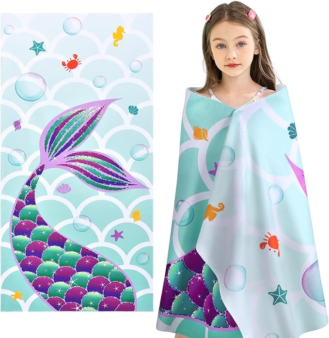 WERNNSAI Mermaid Kids Beach Towel for Girls - 30” x 60” Mermaid Sand Free Swim Towels for Girls Bath Pool Camping Travel Towel Quick Dry Ultra Absorbent Super Soft Beach Blanket Bath Shower Towel