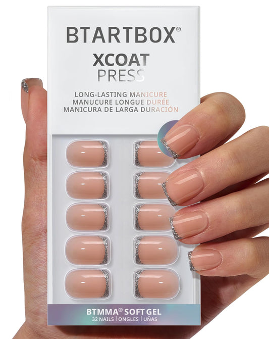 BTArtbox Press On Nails Short - Ice Thread, Silver Spakly French Tip Square Press On Nails with Glue and Adhesive Tabs for Women, Soft Gel Glue On Nails in 16 Sizes - 32 Stick On Nails Kit