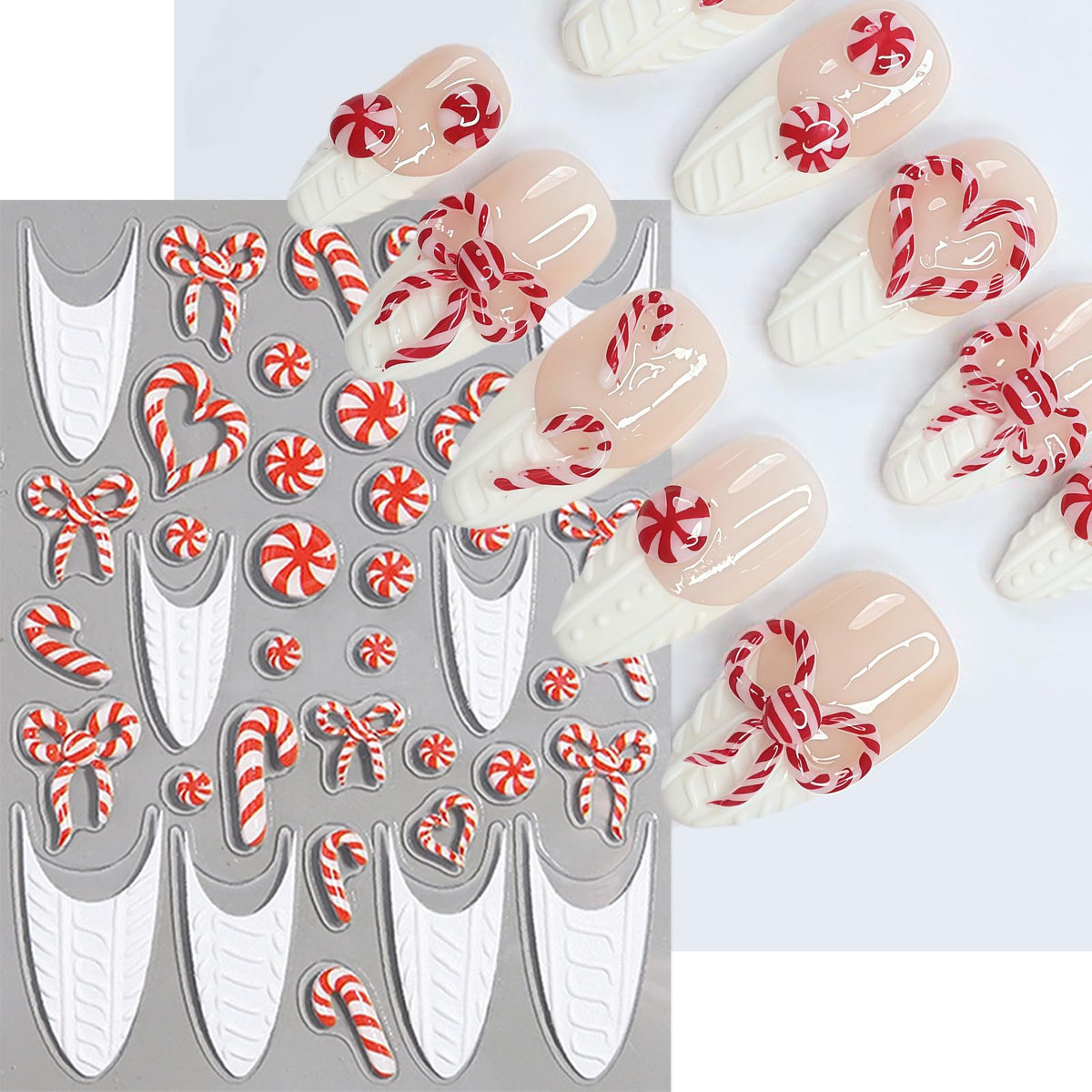 4 Sheets Christmas Nail Art Stickers Candy White French Line Nail Decals 5D Embossed Self-Adhesive Plaid Elk Snowflake Nail Design Nail Decoration for Women Winter Holiday Manicure DIY Nail Supplies