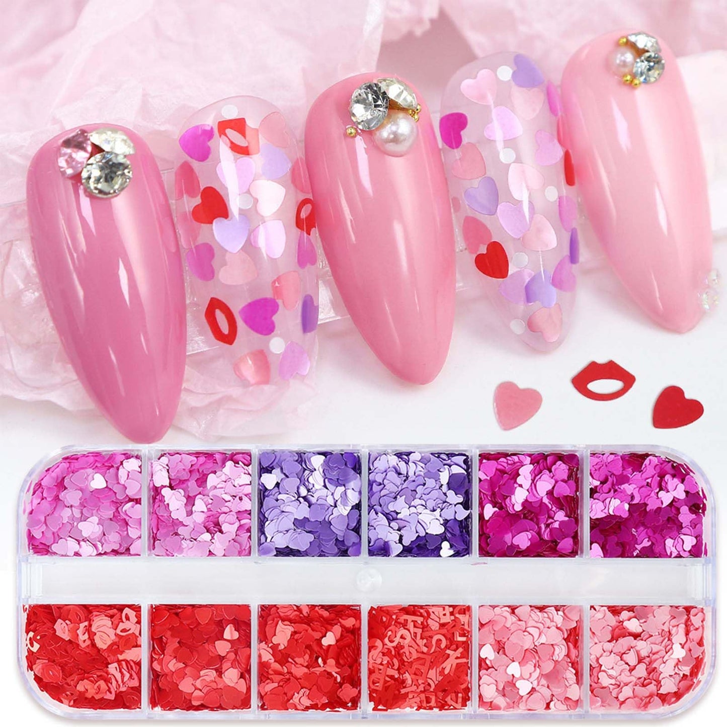2Box Heart Nail Stickers Glitter Decal Valentine’s Day Nail Glitter Sequins 3D Holographic Laser Nail Sequins Colorful Nail Glitter Flakes Love Nail Sequins Design for Women Acrylic Nails Accessories