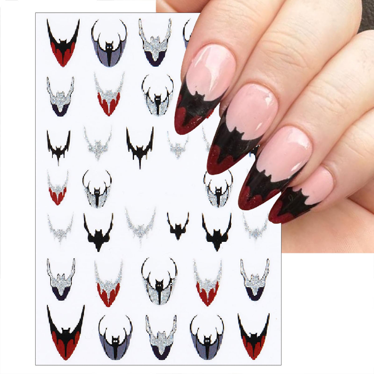 6 Sheets Halloween Bat Nails Art Stickers Glitter Holographic Gold Silver French Bat Design Nail Sticker Halloween French Sticker for Nails Decals Decals Holiday Decoration Kit for Women DIY Nails