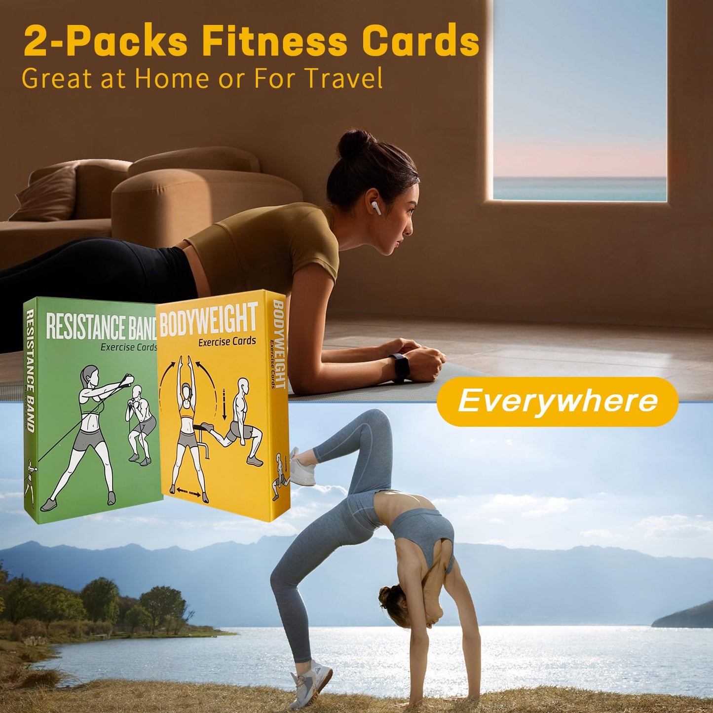 ELAORY Bodyweight & Resistance Belt Workout Cards, 100 Different Exercise Cards with Detailed Illustrations, Large Size 5" x 3.5"" Fitness Cards for Women & Men"