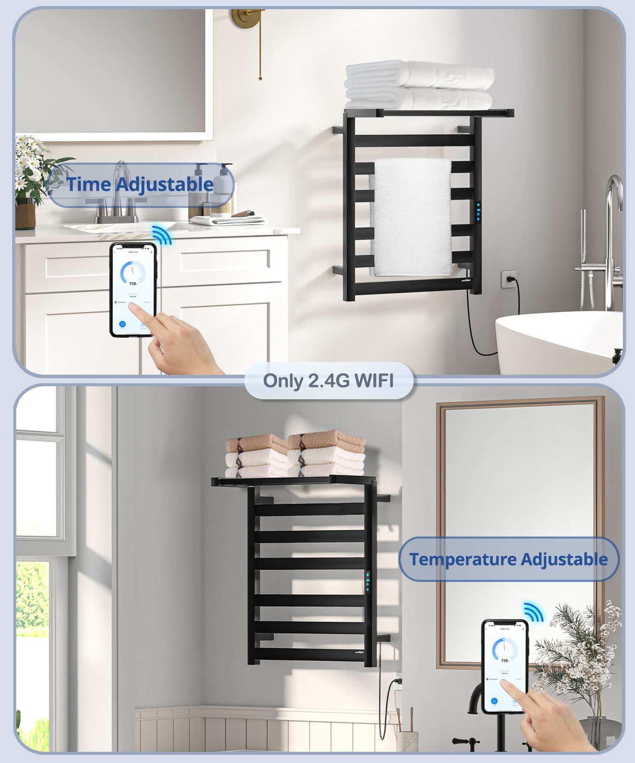 Towel Warmer Rack with WiFi, 6 Bars Large Towel Racks with Temperature & Timing Control, Foldable Bracket, Digital Display, Stainless Steel, Plug-in, Wall Mounted, Black