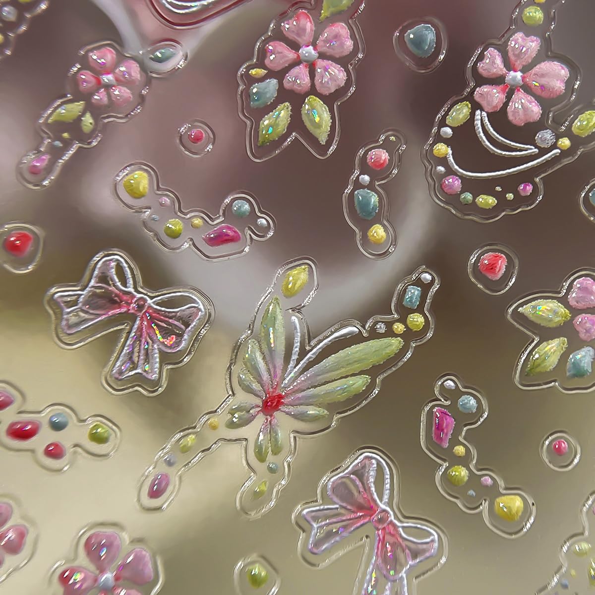 Spring Butterfly Nail Art Stickers Shiny Laser Flowers Butterflies Bow Design Nail Stickers 3D Self Adhesive Pink Green Cute Little Floral Nail Decals for Women Spring DIY Manicure 1Pcs