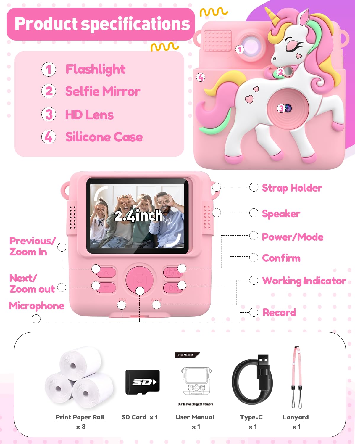 Kids Camera Instant Print with Silicone Cover, Creative Gifts for Girls Age 4-12 Birthday Christmas, 1080P Digital Camera Toy with Memory Card - Pink