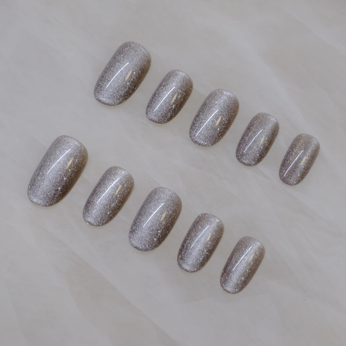 Glossy Cat Eye Short Round Press-On Nails for Daily Wear, Matte (Grey, 24 pcs)