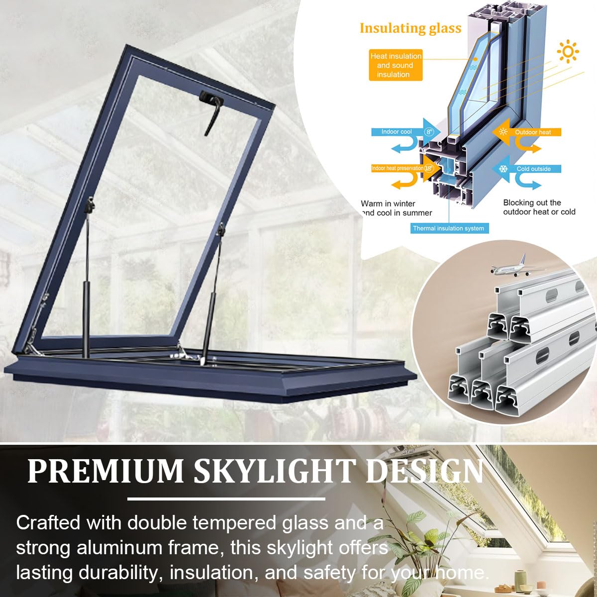 Skylight Roof Window for Home, Ventilated Roof Skylight for Flat Roof with Double Tempered Glass & Aluminum Alloy Frame, Skylights for Attic, Kitchen, Bathroom, Corridor, Bedroom, Sunroom (23.6in)