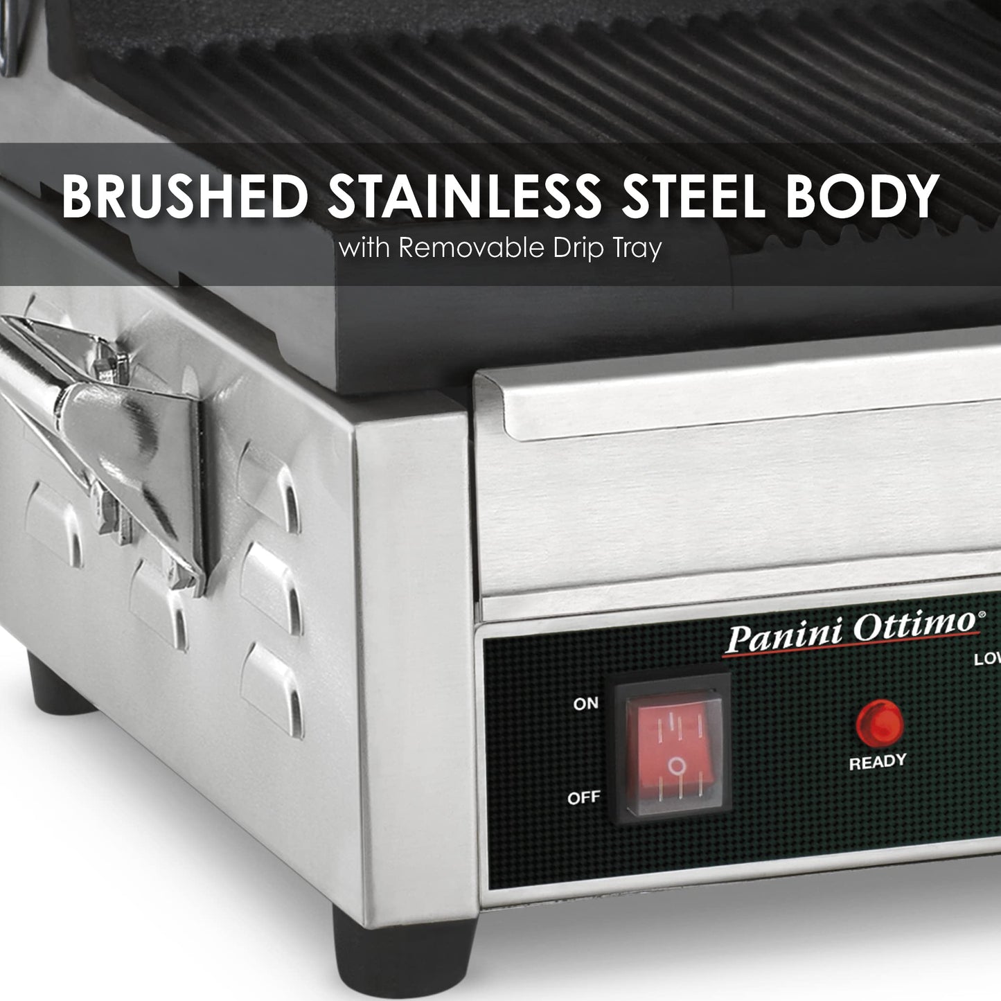 Waring Commercial WPG300 Panini Otimo Dual Ribbed Panini Grill, 240V, 3200W, 6-20 Phase Plug, Silver, 15.5 x 18.75 x 9.25 inches