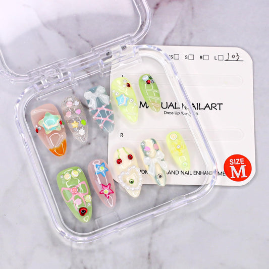 Short Press on Nails Almond Handmade False Nails 3D Stars Bow Pearl Designs Summer Flower Cherry Thick Acrylic Nails Full Cover Fake Nail Set Cute Glue on Nails for Women (Size M)